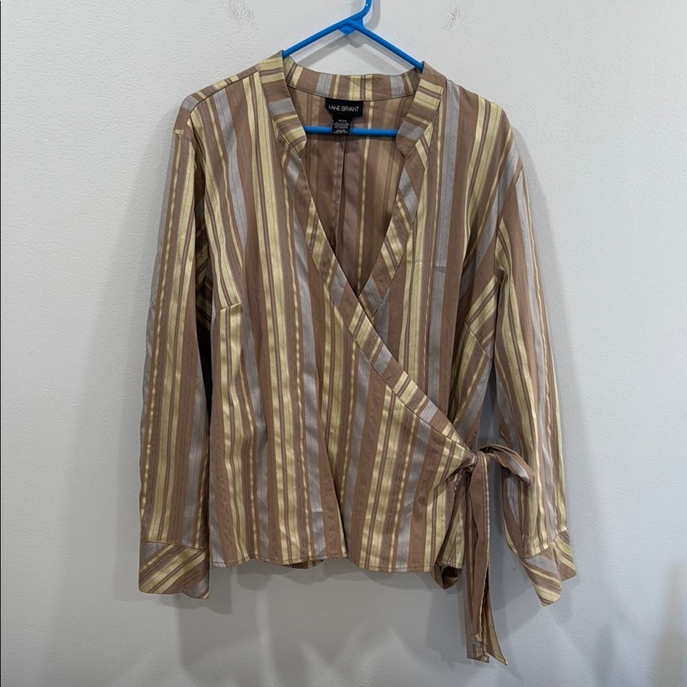 Lane Bryant Brown and Yellow Striped Wrap Blouse Size 18/20 EUC